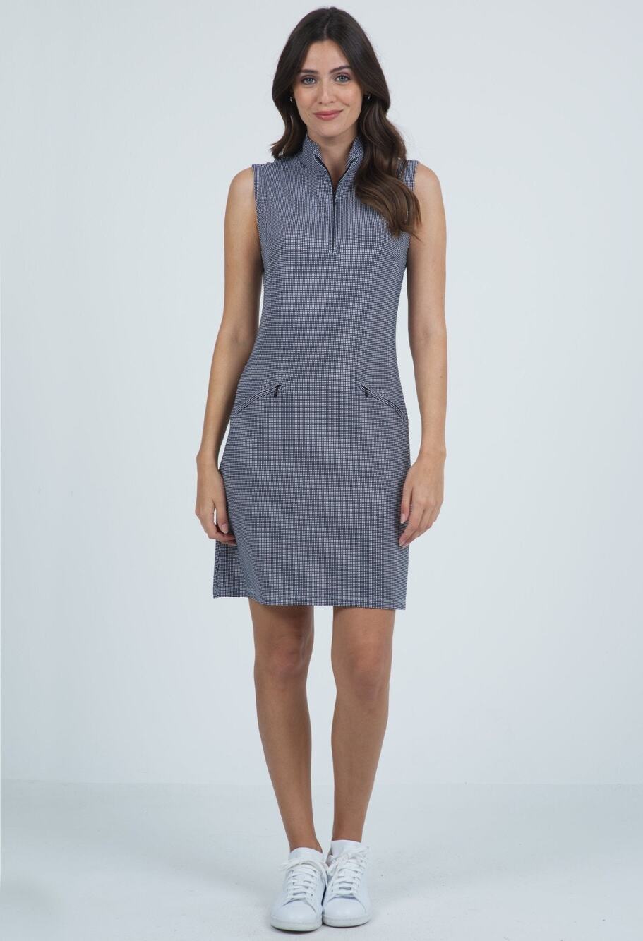 IBKUL Mini Check Sleeveless Mock Neck UPF 50+ Blue Golf Dress Small